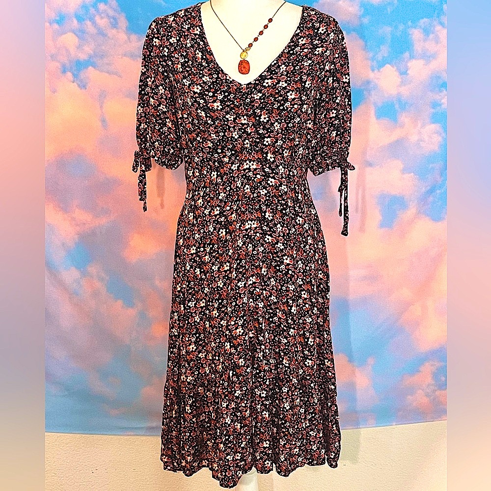 Lovely and Romantic Black Multi Floral Puff Sleeve Midi Dress (Sz. Medium)